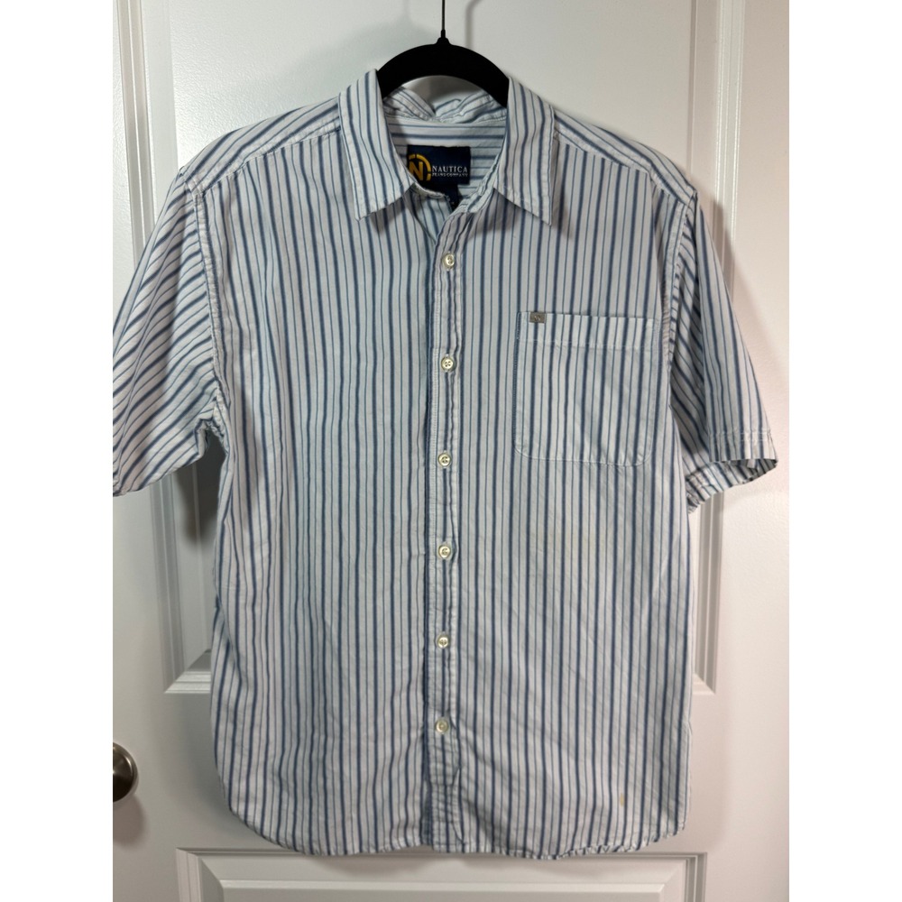 Nautica‎ Jeans Company Boys Blue White Striped Short Sleeve Button Down Shirt 20